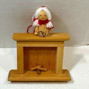 VTG Handmade Wooden Fireplace w/Girl Doll Sitting on Mantle Christmas Ornament